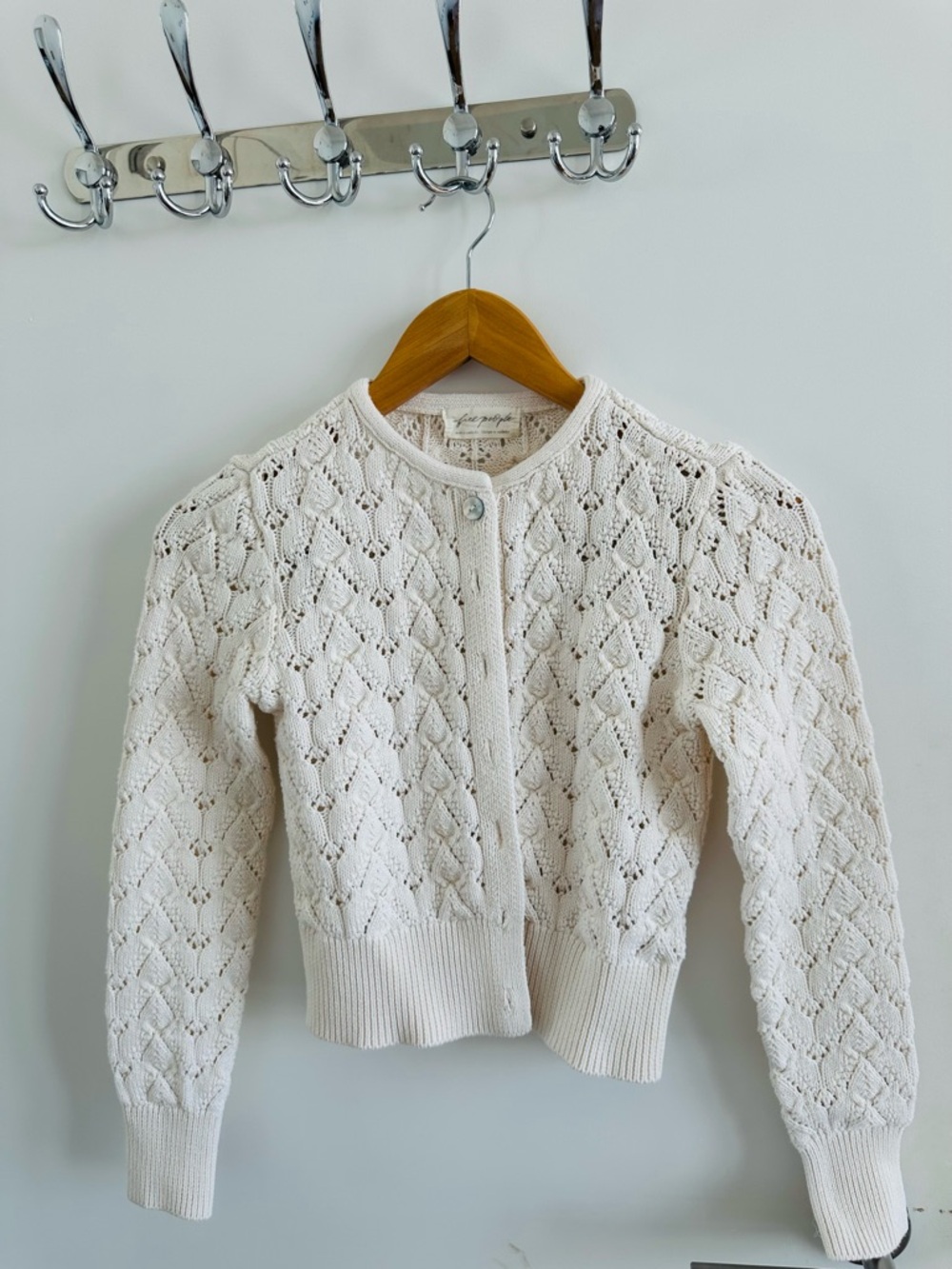 Free People Cream Open-Knit Cropped Button Cardigan - Picture 8 of 9